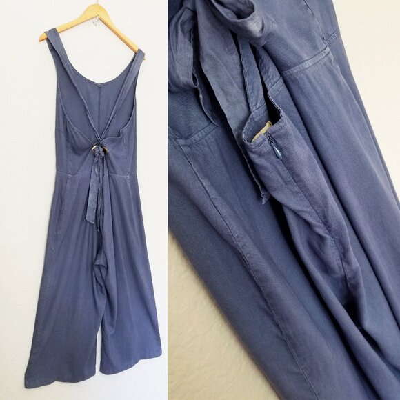 Anthropologie Cloth & Stone Tie Open Back Crop Jumpsuit L Wide Leg Flowy Tencel - Picture 10 of 12